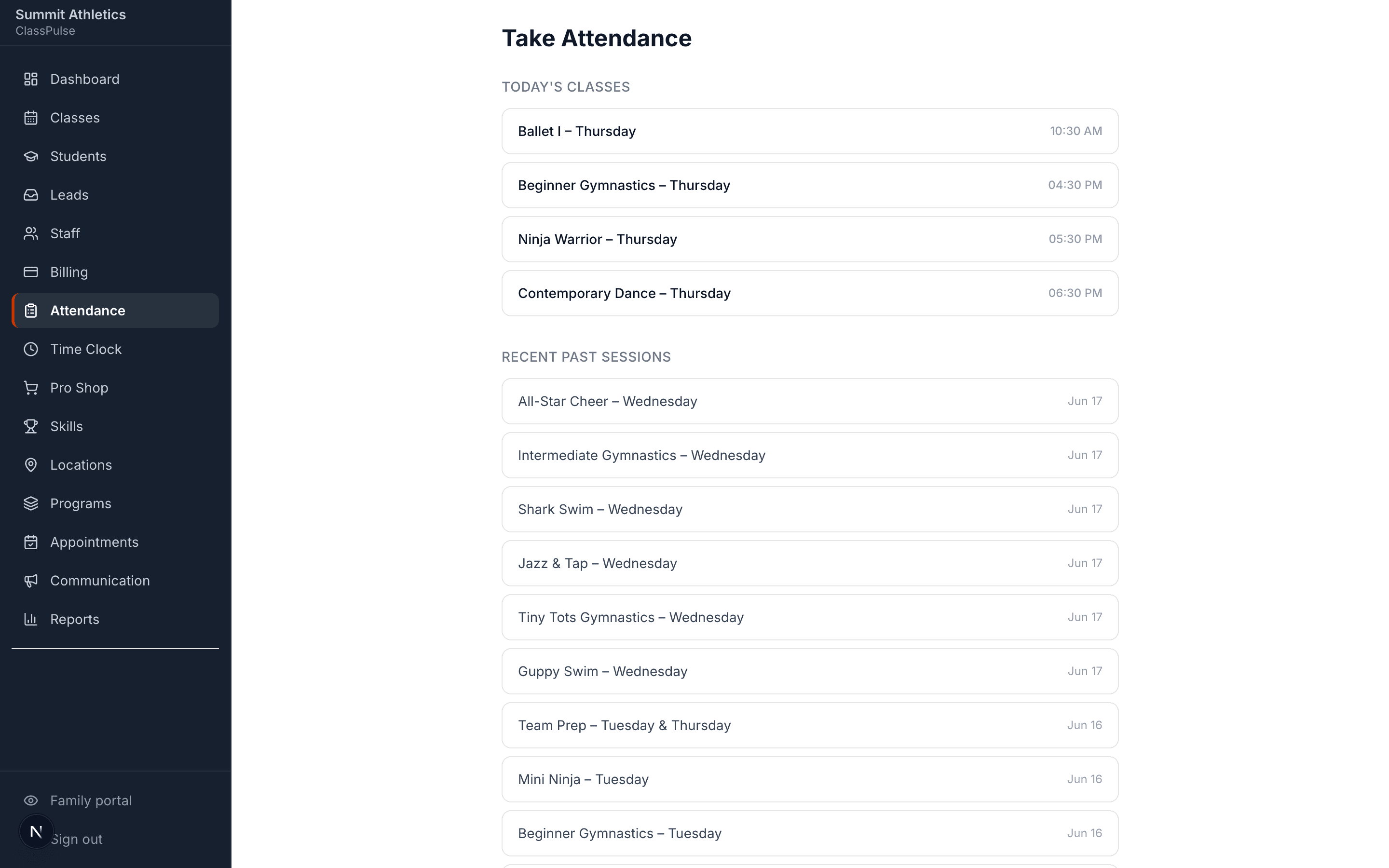 Attendance Tracking screen in ClassPulse