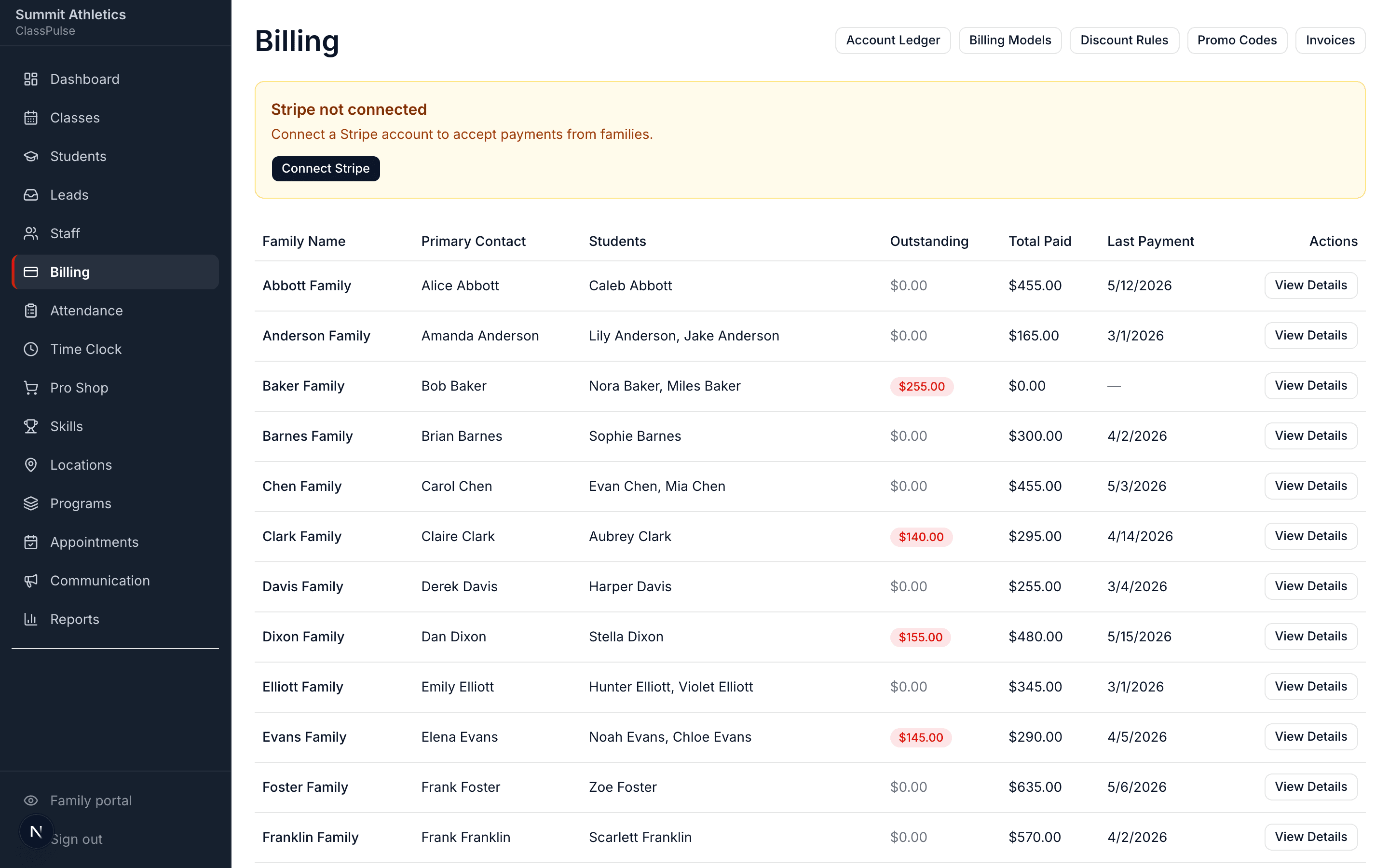 Automated Billing screen in ClassPulse