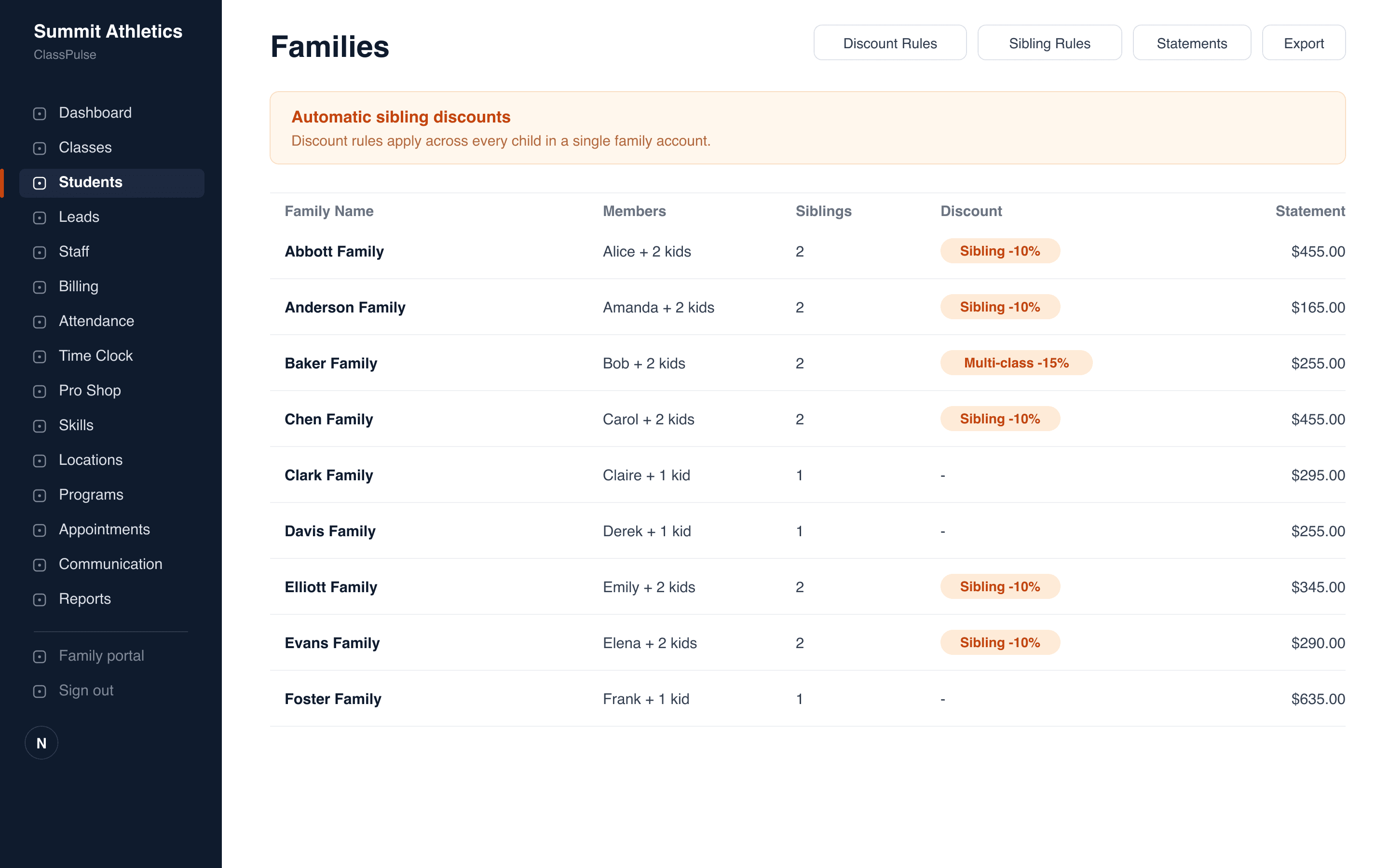 Family Accounts & Sibling Discounts screen in ClassPulse