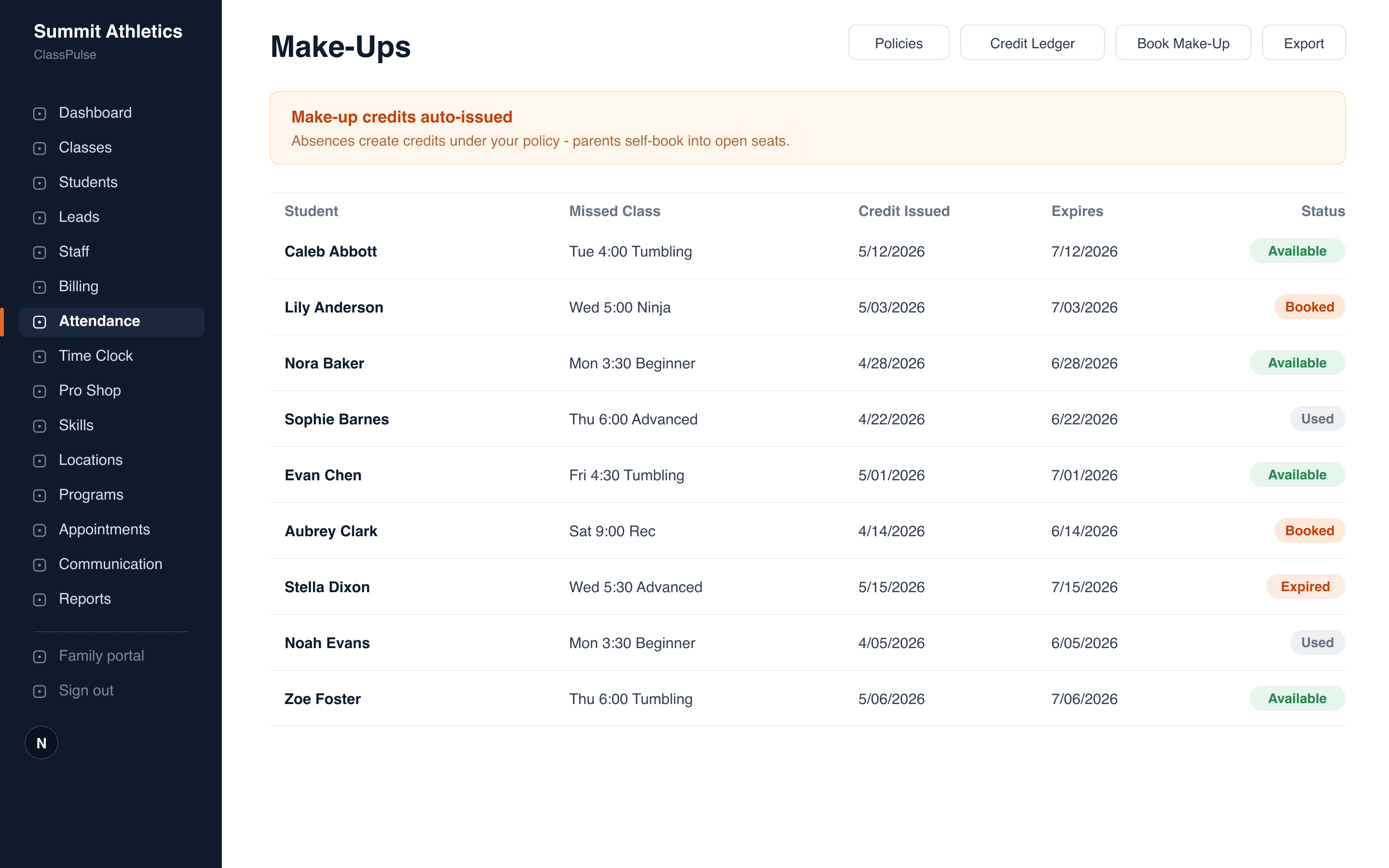 Make-Up Lessons screen in ClassPulse