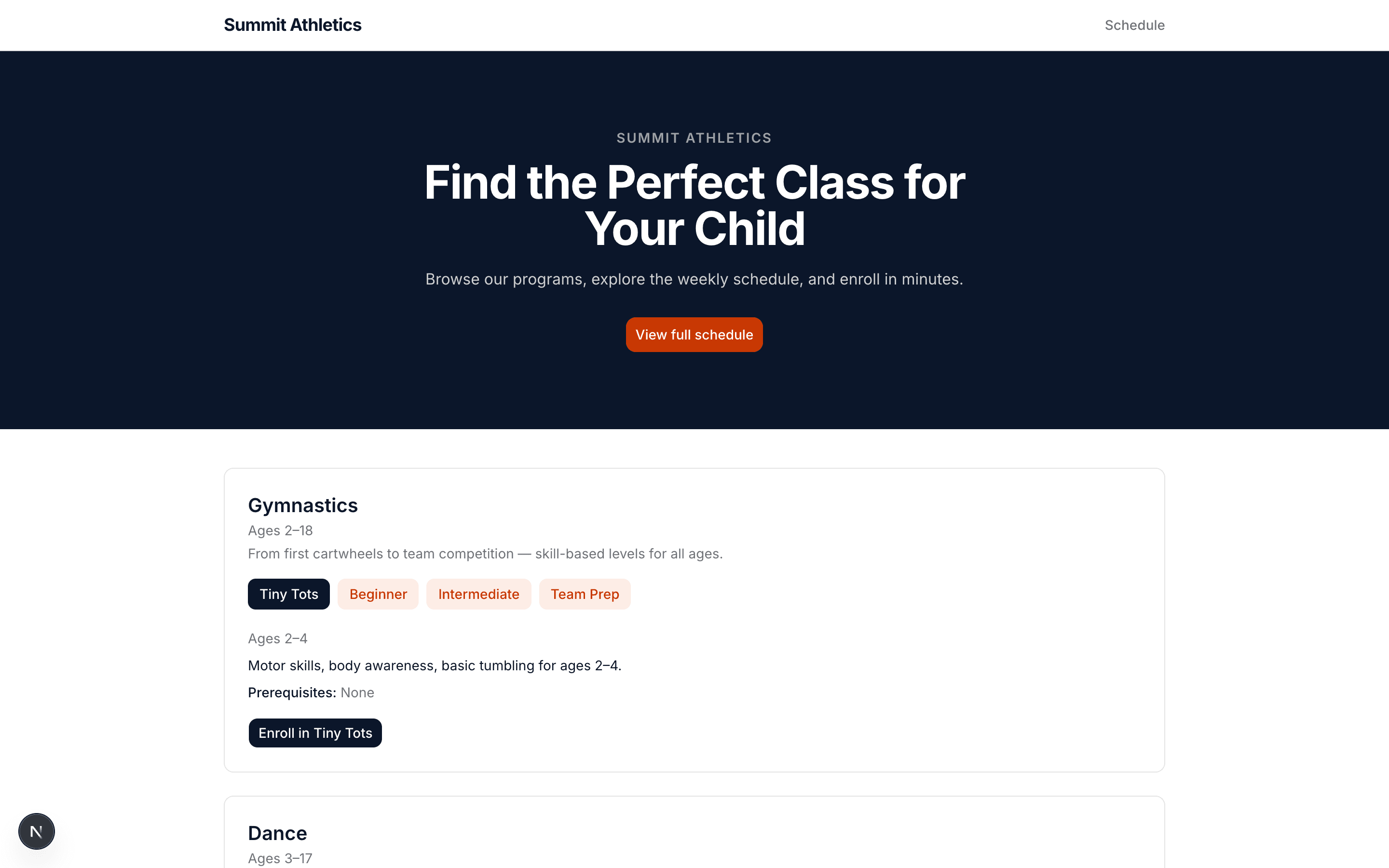 Online Registration screen in ClassPulse