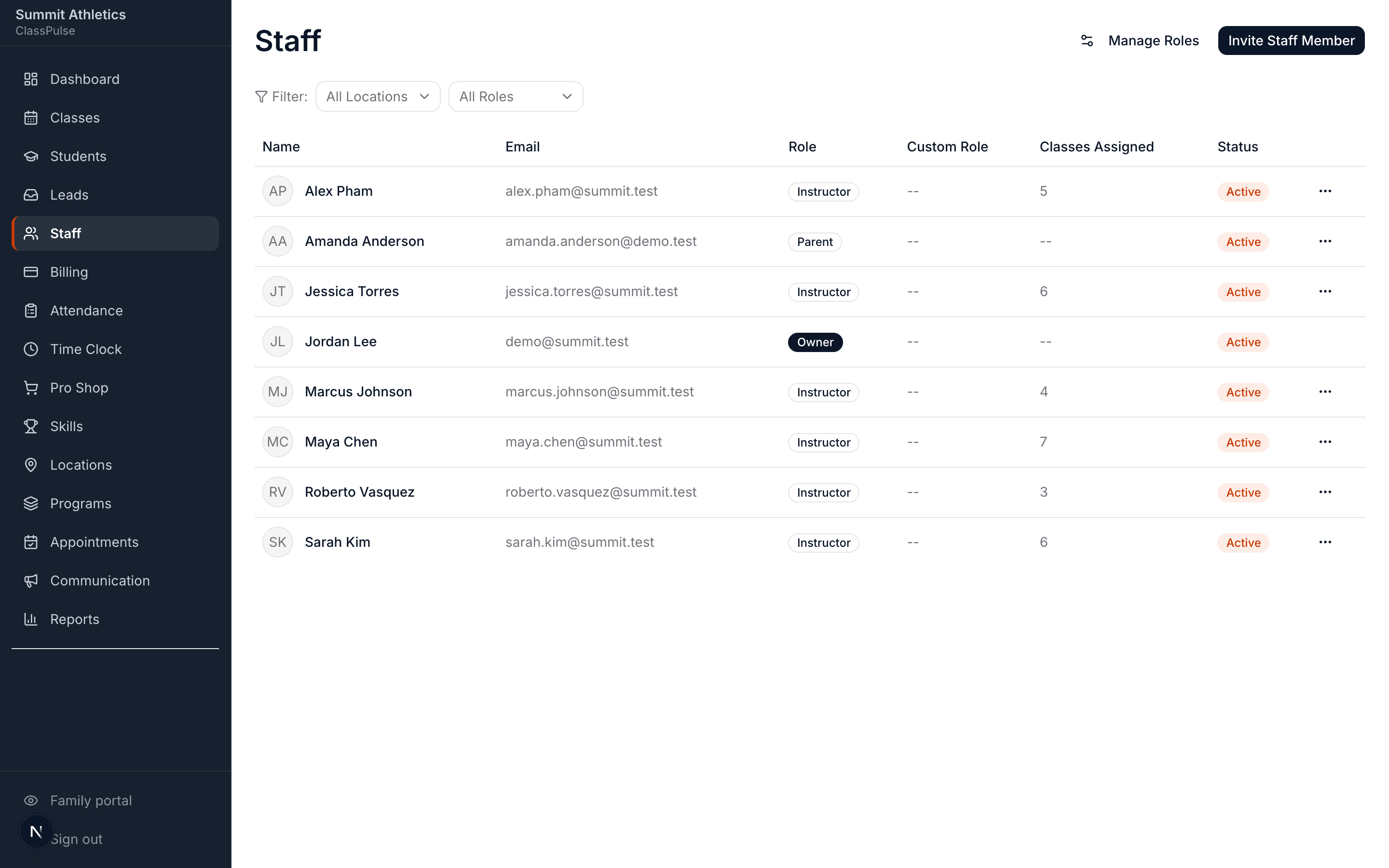 Staff Management screen in ClassPulse