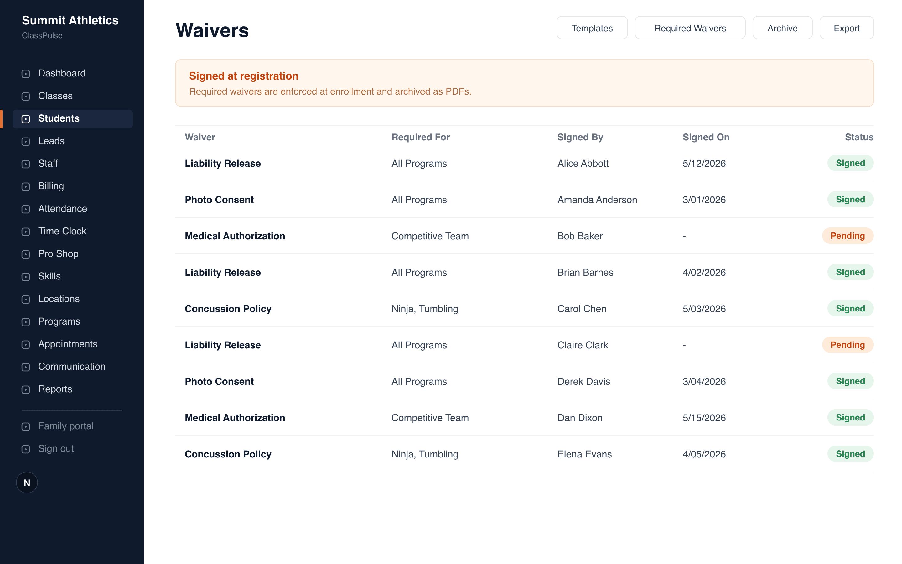 Waivers & E-Signatures screen in ClassPulse