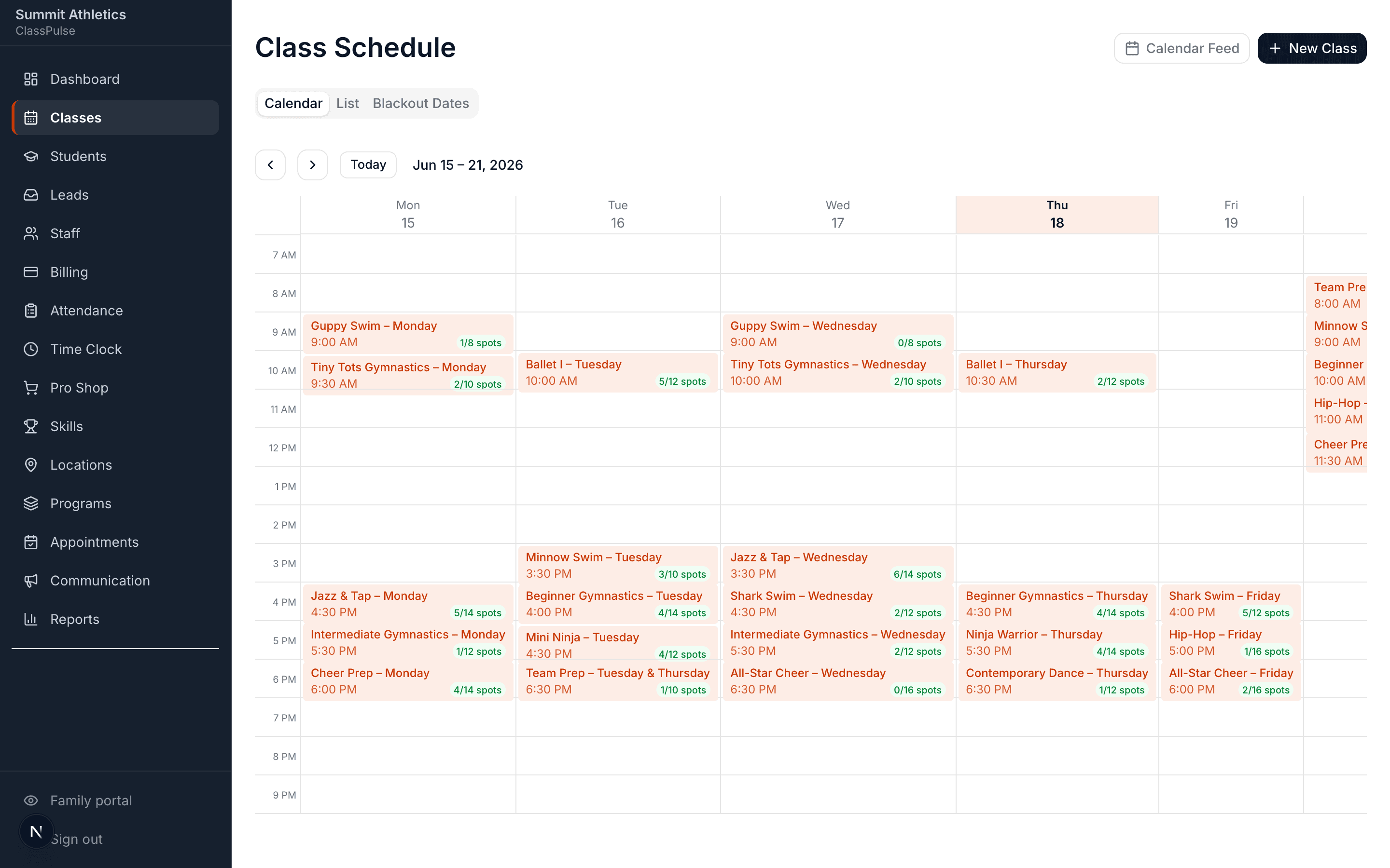 ClassPulse class schedule — a studio's weekly calendar